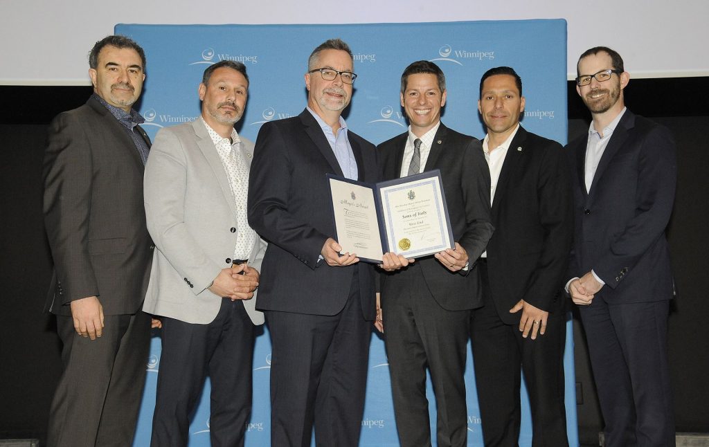 (L-R) Reno Augellone, Carman Zirino, John Giavedoni, Mayor Brian Bowman, Mario Posillipo and Travis Giavedoni.